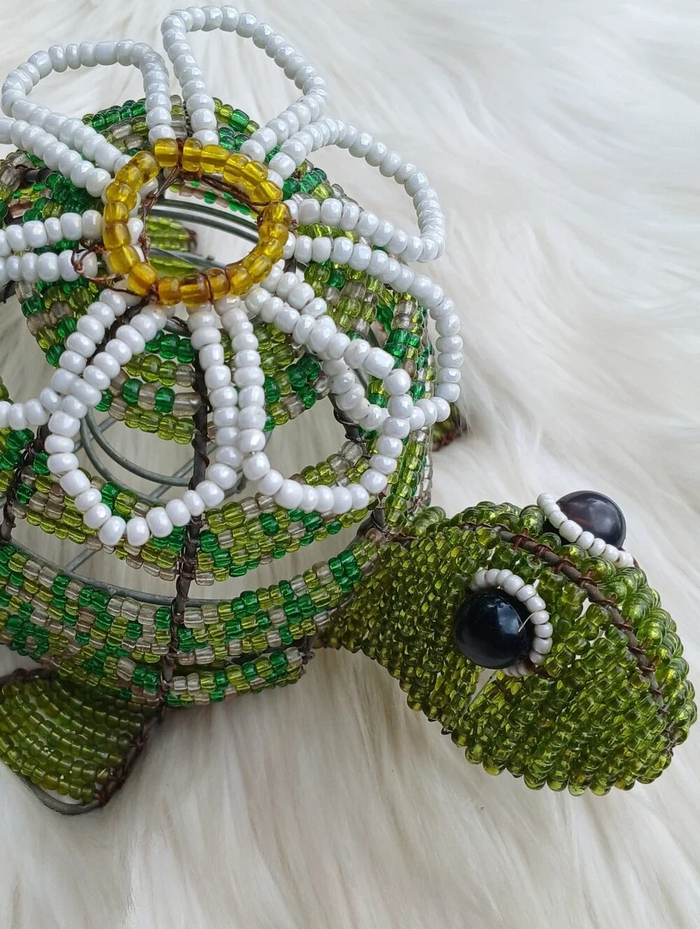 Vintage Beaded Turtle Candle Holder Green Daisy Flower Floral Decor Decoration